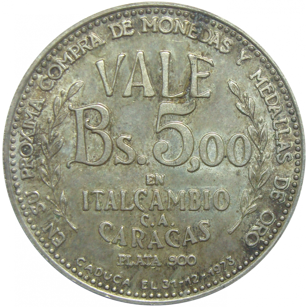 Ficha de Plata Vale 5 Bs. 1973 Italcambio  - Numisfila