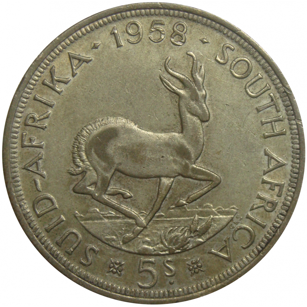 Moneda de Plata Sudáfrica 5 Shillings 1958 Isabel II  - Numisfila