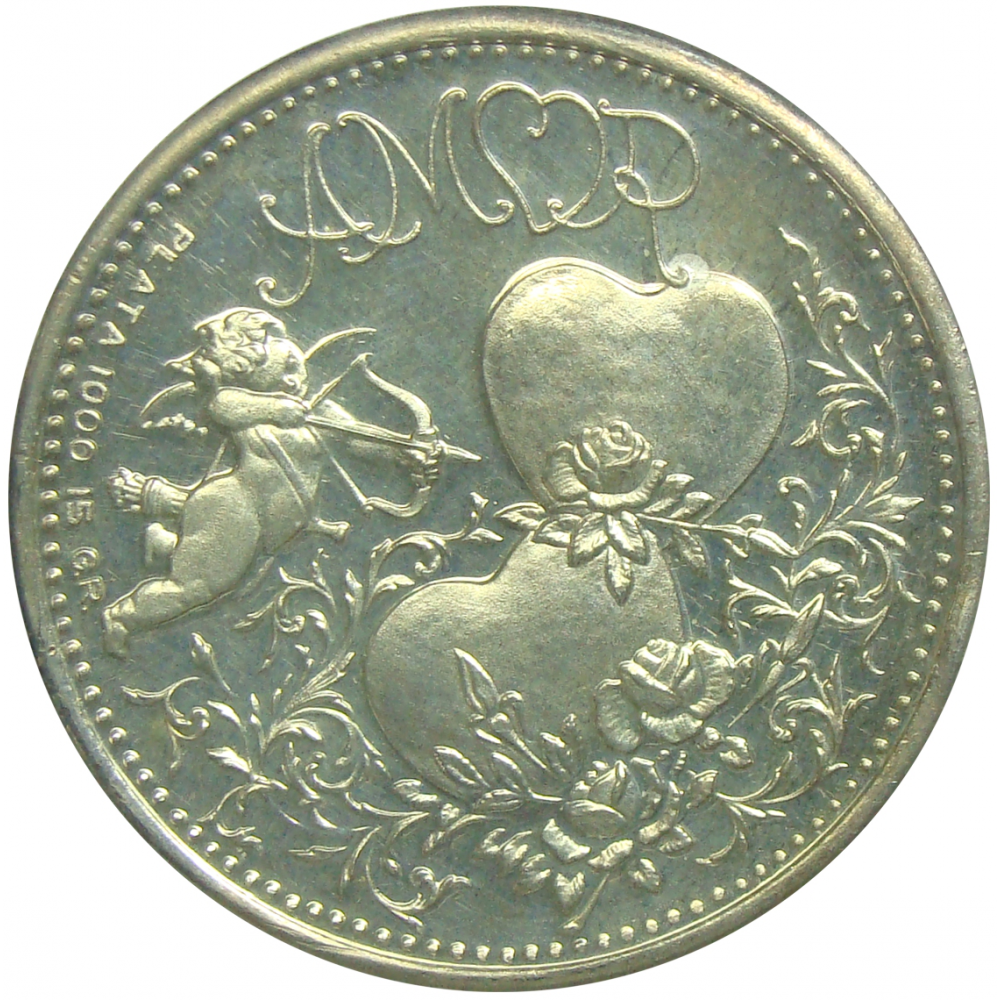 Medalla Moneda Del Amor Cupido y Corazones 9 Dineros 30 Milímetros - 15 gramos Plata  - Numisfila