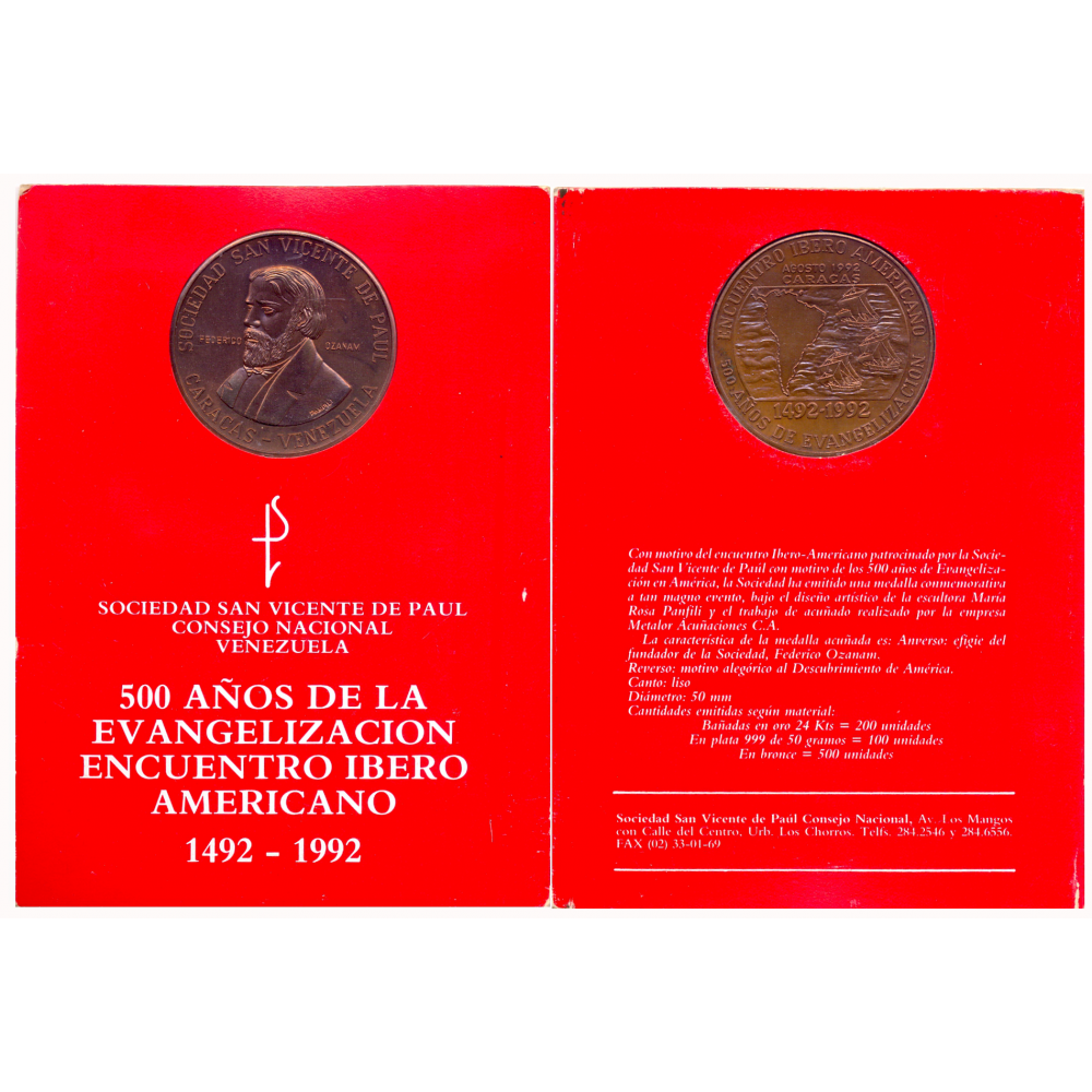 Medalla de Bronce Sociedad San Vicente de Paul 1492-1992 En Estuche - Numisfila