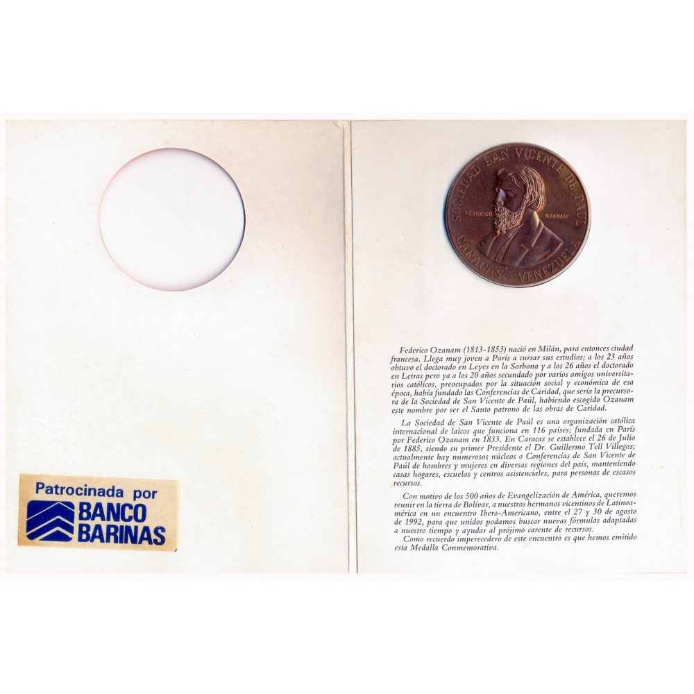 Medalla de Bronce Sociedad San Vicente de Paul 1492-1992 En Estuche  - Numisfila