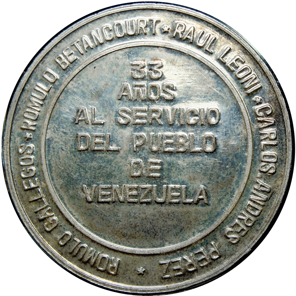 Venezuela Medalla de Plata 33 años de Acción Democratica AD 1974  - Numisfila