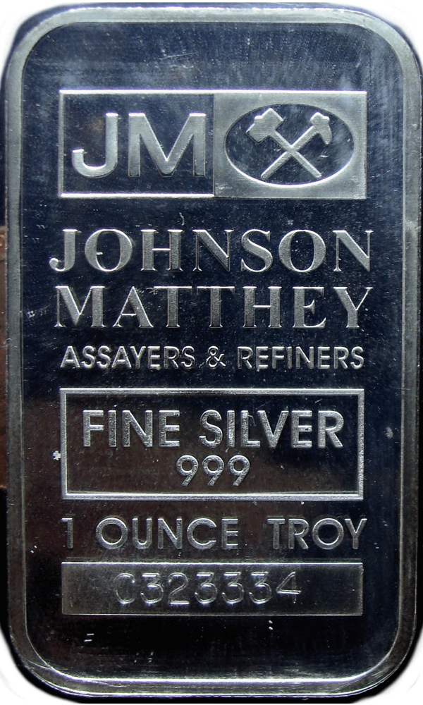 Lingote JM Johnson Matthey Una Onza Troy Barra de Plata Fina  - Numisfila
