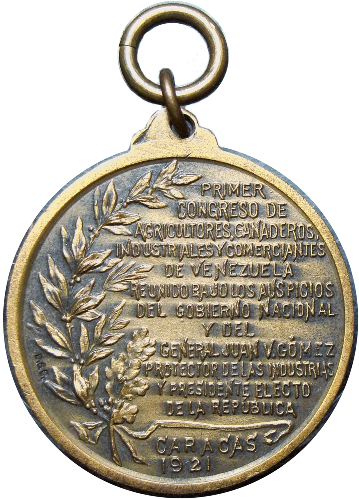 Medalla de Bronce 1er Congreso Agricultores, Ganaderos e Industriales 1921 Juan Vicente Goméz  - Numisfila