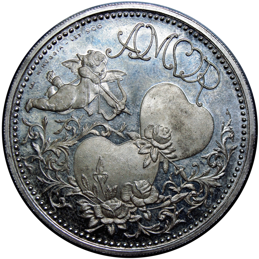 Medalla de Plata Amor Anillo Zodiacal Cupido y Corazones 40 mm Italcambio - Numisfila