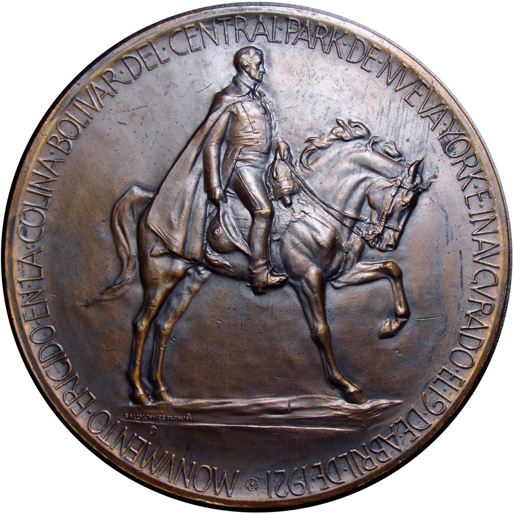 Medalla Simón Bolívar 1921 Inauguración Estatua Ecuestrer Central Park - Numisfila