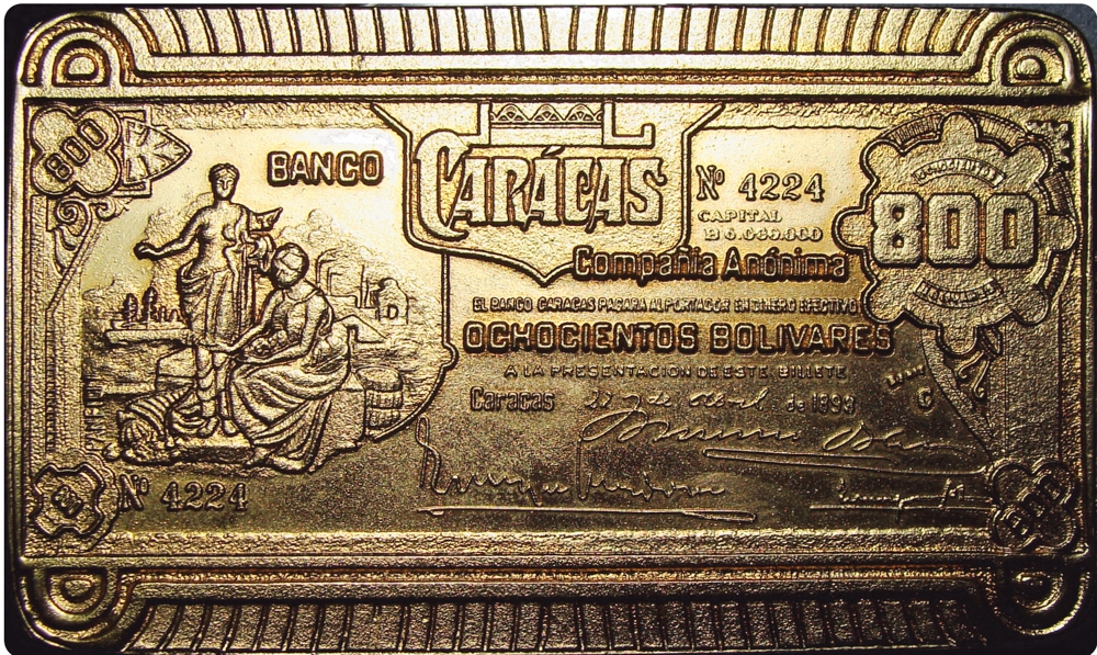 Medalla 100 Años Banco Caracas Placa Billete 800 Bolívares 1898  - Numisfila