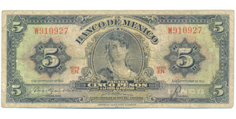 Billete Mexico 5 Pesos 1954 Serial W910927 La Gitana  - Numisfila