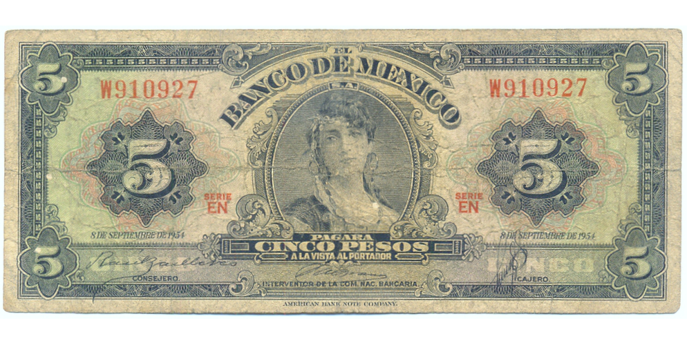 Billete Mexico 5 Pesos 1954 Serial W910927 La Gitana - Numisfila
