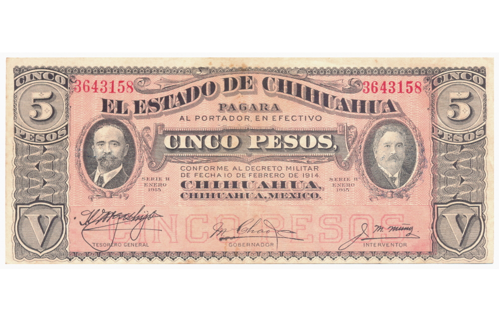 Billete Mexico 5 Pesos 1915 Estado de Chihuahua Francisco I. Madero   - Numisfila