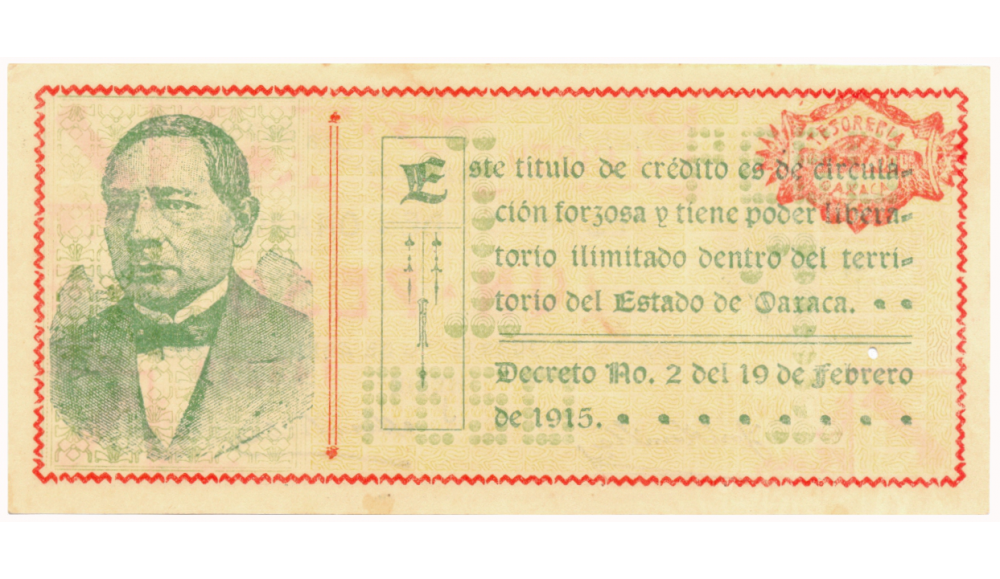 Billete Mexico 1 Peso 1915  La Tesoreria General del Estado de Oaxaca  - Numisfila