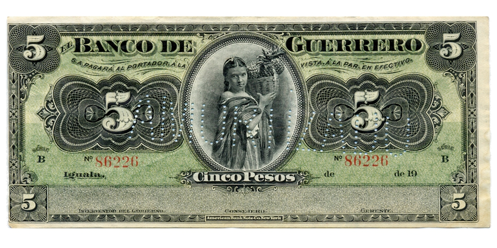 México Billete El Banco de Guerrero 5 Pesos 1914 Amortizado Remainder  - Numisfila
