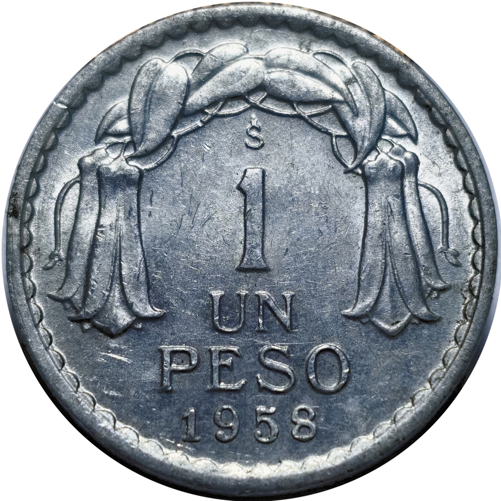 Moneda Chile 1 Peso 1954 - 1958 OHiggins | Flor Lapageria - Numisfila