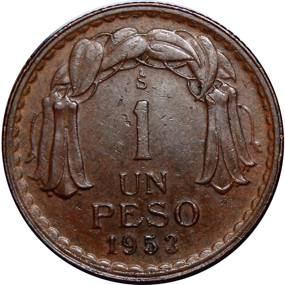 Moneda Chile 1 Peso 1942 - 1954 OHiggins | Flor Lapageria  - Numisfila