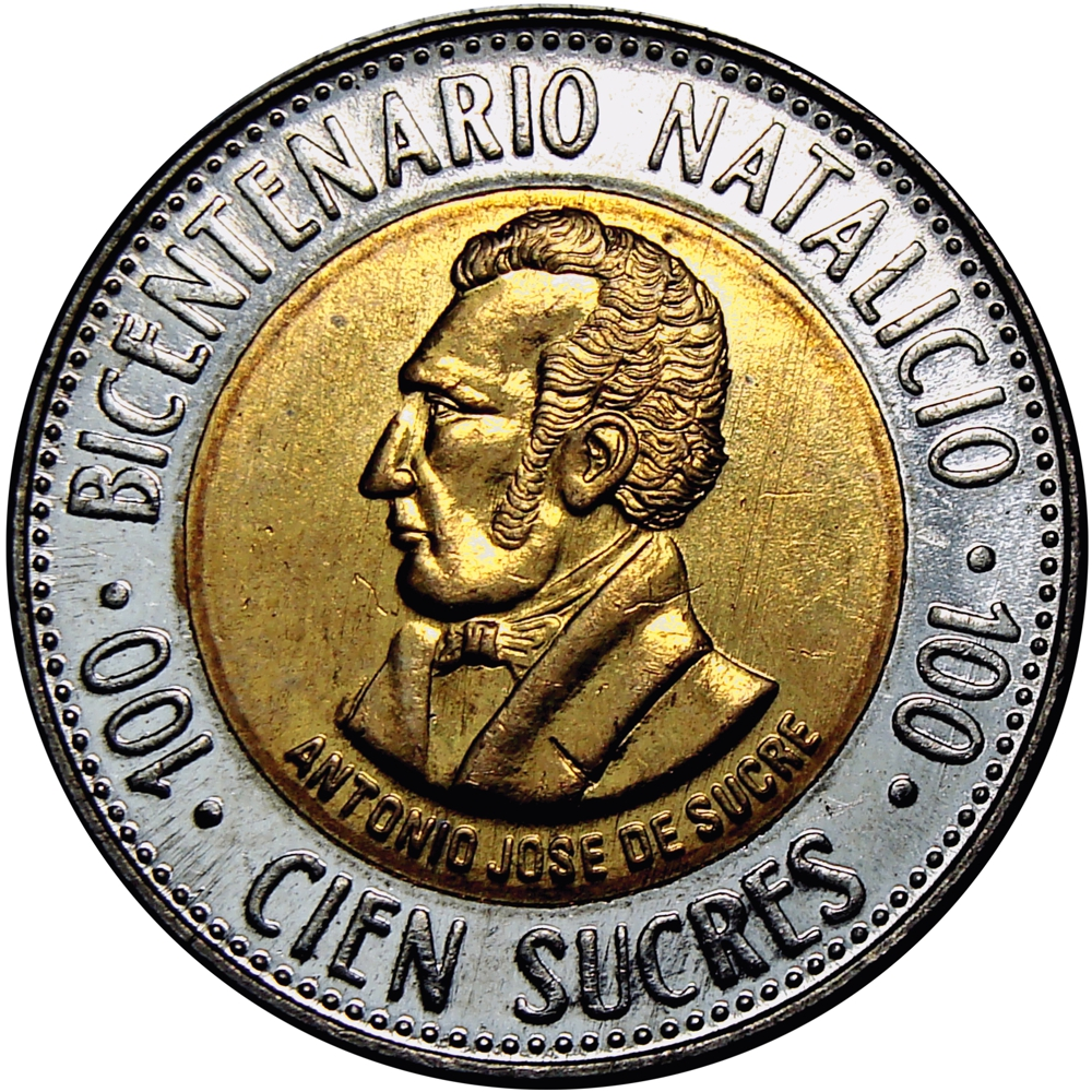Moneda Ecuador 100 Sucres 1995 - Bimetálica - Bicentenario Natalicio Antonio José de Sucre - Numisfila