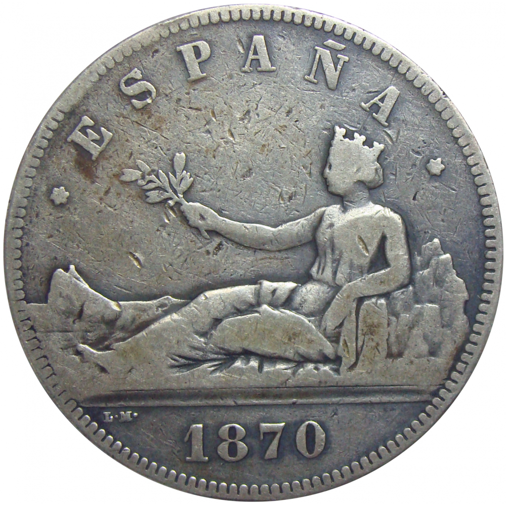 España 5 Pesetas 1870 Moneda de Plata   - Numisfila