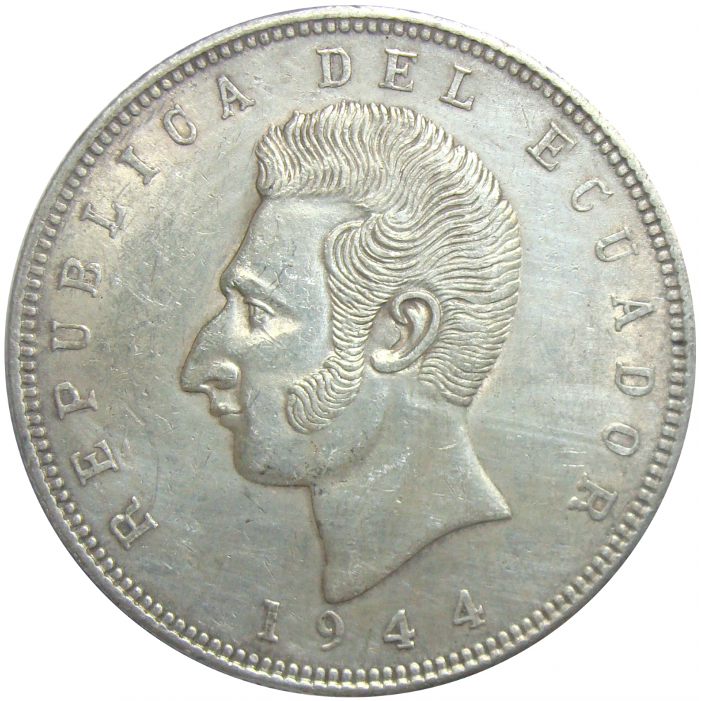 Moneda Plata Ecuador 5 Sucres 1944 Sucre  - Numisfila