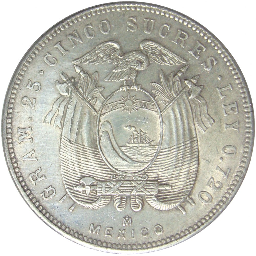 Moneda Plata Ecuador 5 Sucres 1944 Sucre  - Numisfila