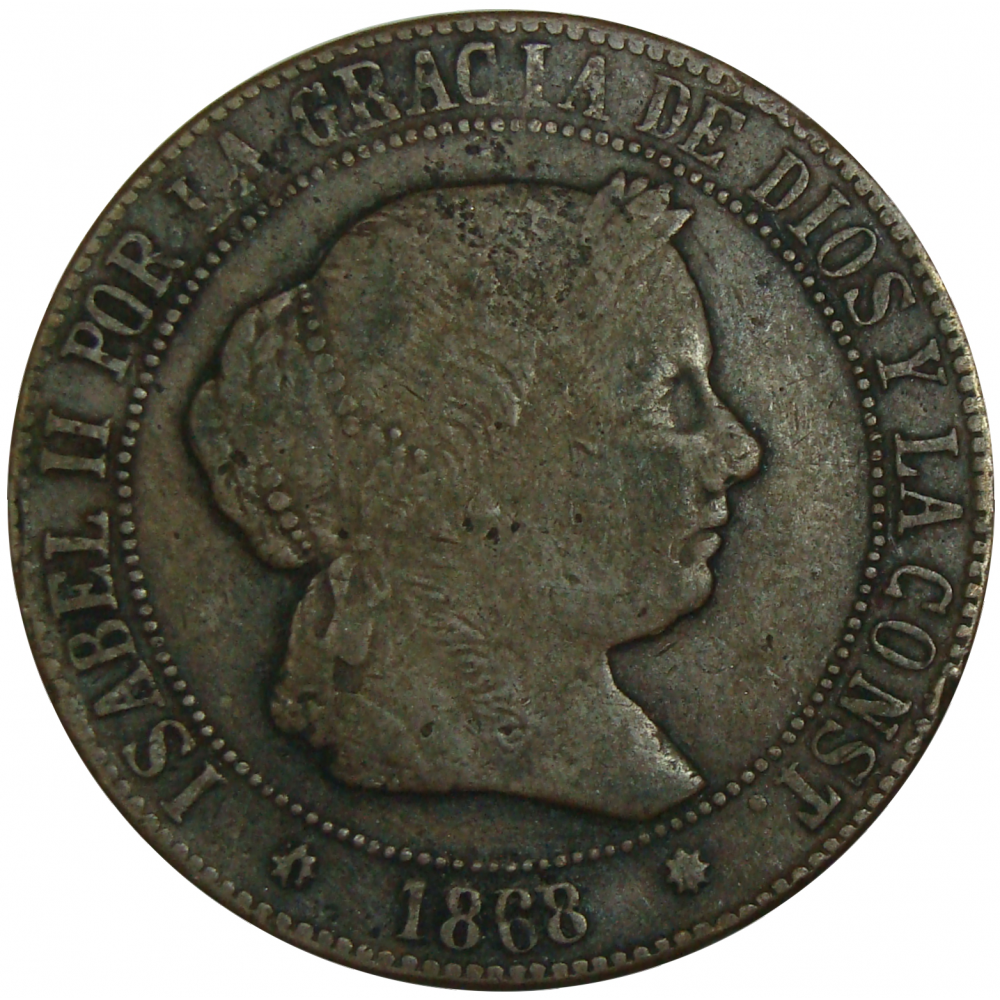 Moneda España 5 Céntimos Escudo 1868 Isabel II  - Numisfila