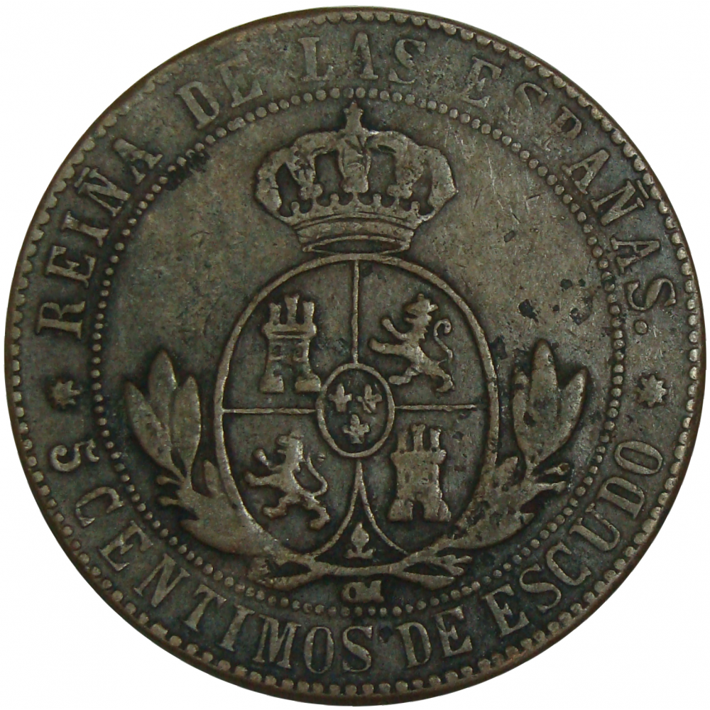 Moneda España 5 Céntimos de Escudo 1868 Isabel II  - Numisfila