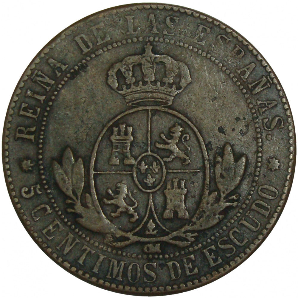 Moneda España 5 Céntimos Escudo 1868 Isabel II  - Numisfila