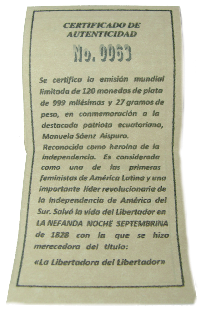 Moneda Plata Ecuador 1 Sucre 2011 Manuela Saenz COA  - Numisfila