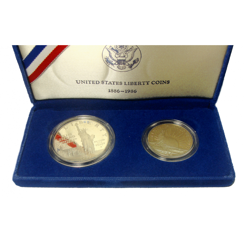 2 Monedas Estuche EEUU 1 y ½ Dollar Libertad 1986 - Numisfila