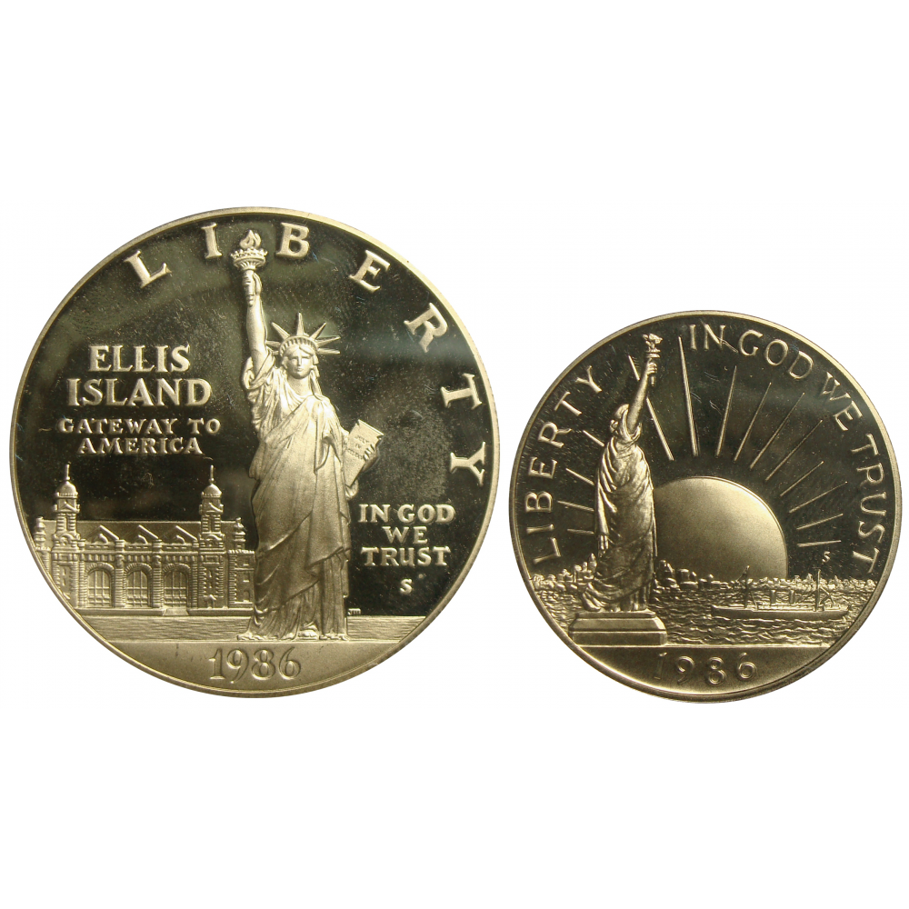 2 Monedas Estuche EEUU 1 y ½ Dollar Libertad 1986  - Numisfila