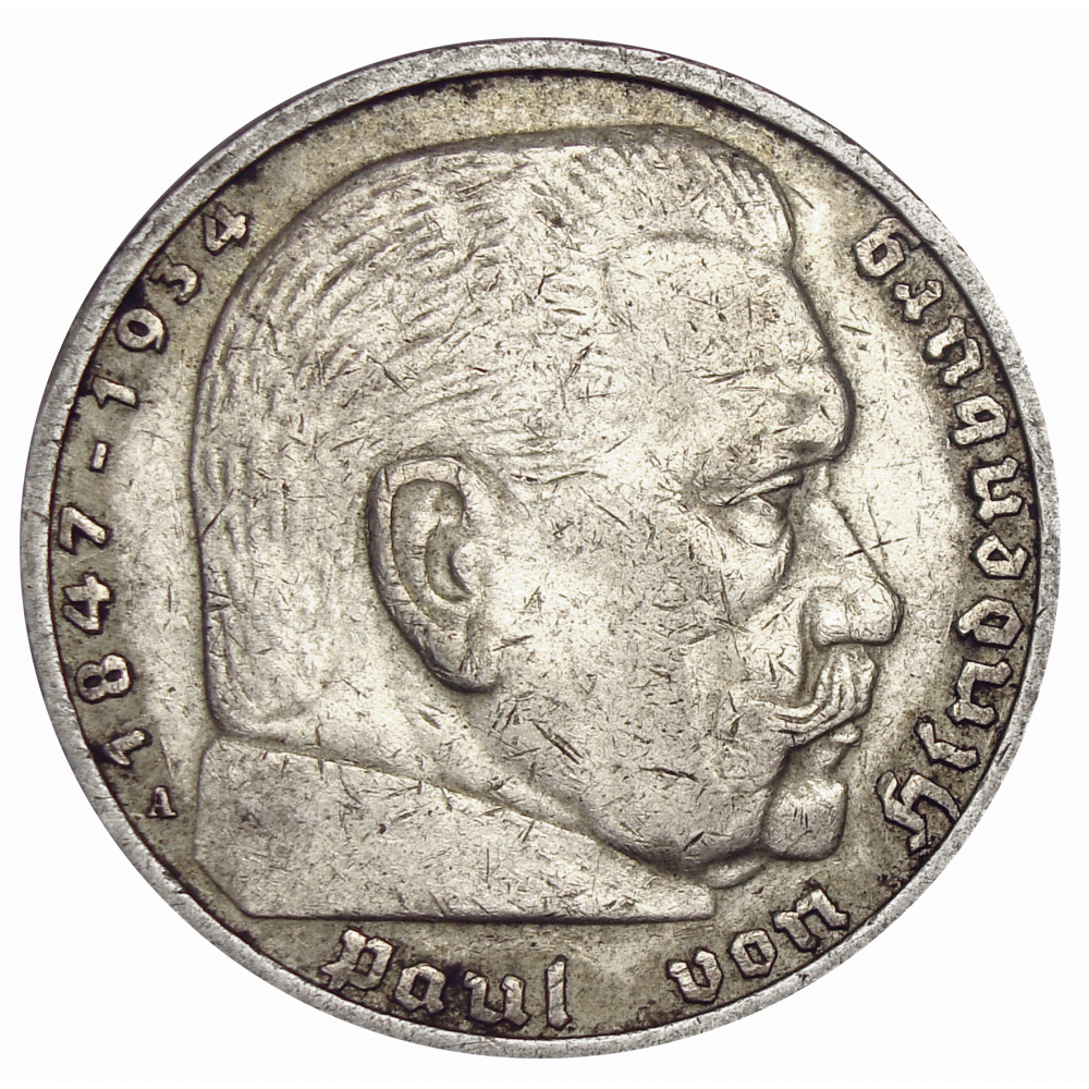 Alemania 5 Reichsmark 1938 Hindenburg Moneda Plata  - Numisfila