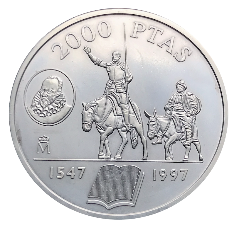 Moneda de Plata España 2000 Pesetas 1997 Quijote y Sancho Panza Miguel de Cervantes   - Numisfila