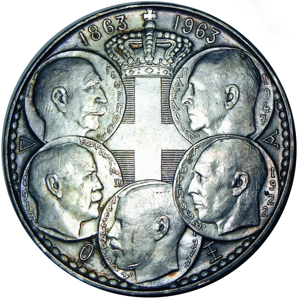 Moneda de Plata Grecia 30 Drachmai 1963 Centenario de los Cinco Reyes Griegos  - Numisfila
