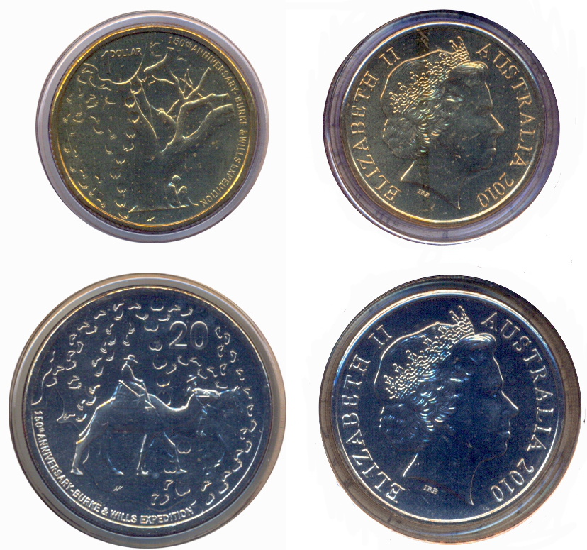 Set 2 Monedas Australia 20 Centavos y 1 dólar 2010 Estuche Original 150 Años Expedición Burke & Wills  - Numisfila