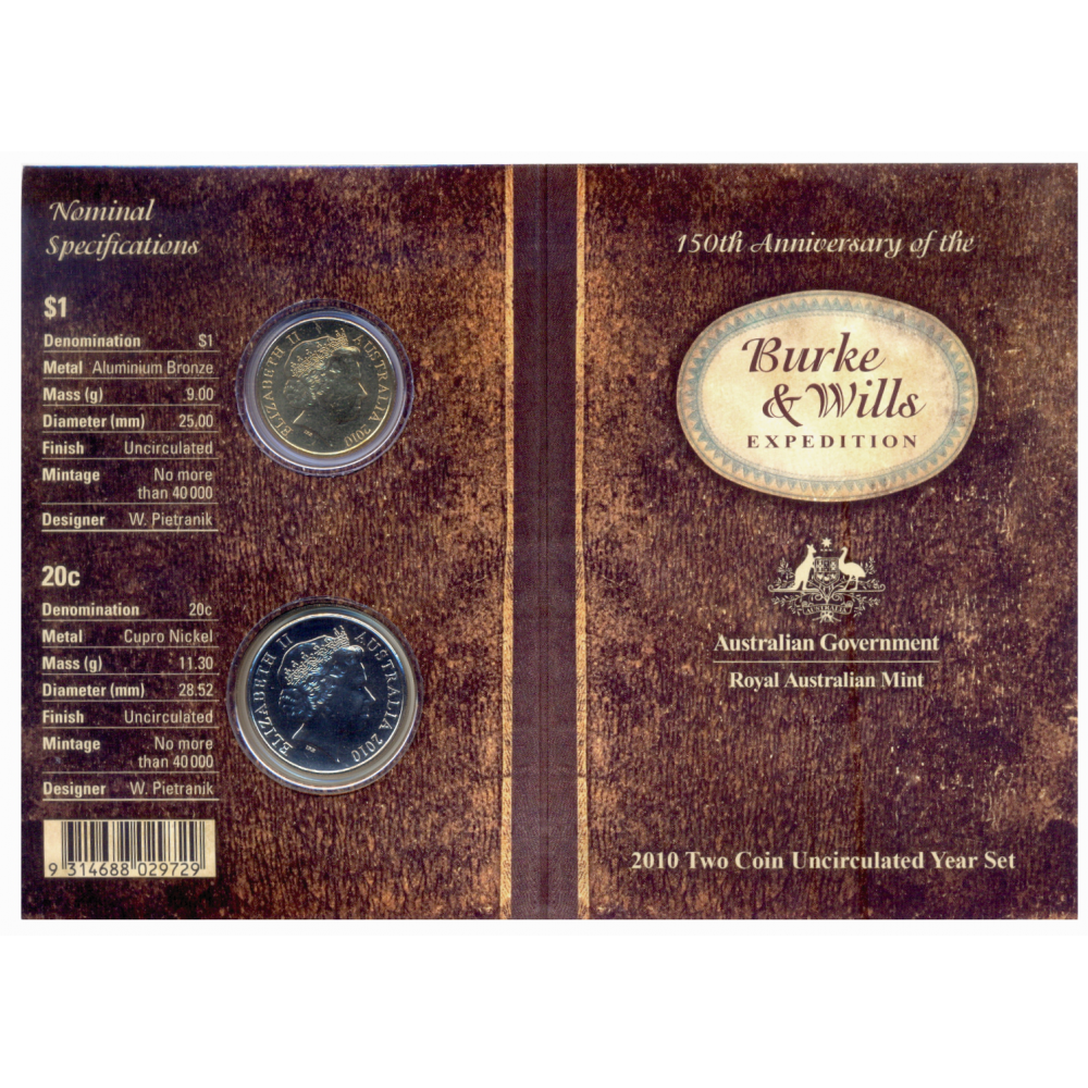 Set 2 Monedas Australia 20 Centavos y 1 dólar 2010 Estuche Original 150 Años Expedición Burke & Wills  - Numisfila