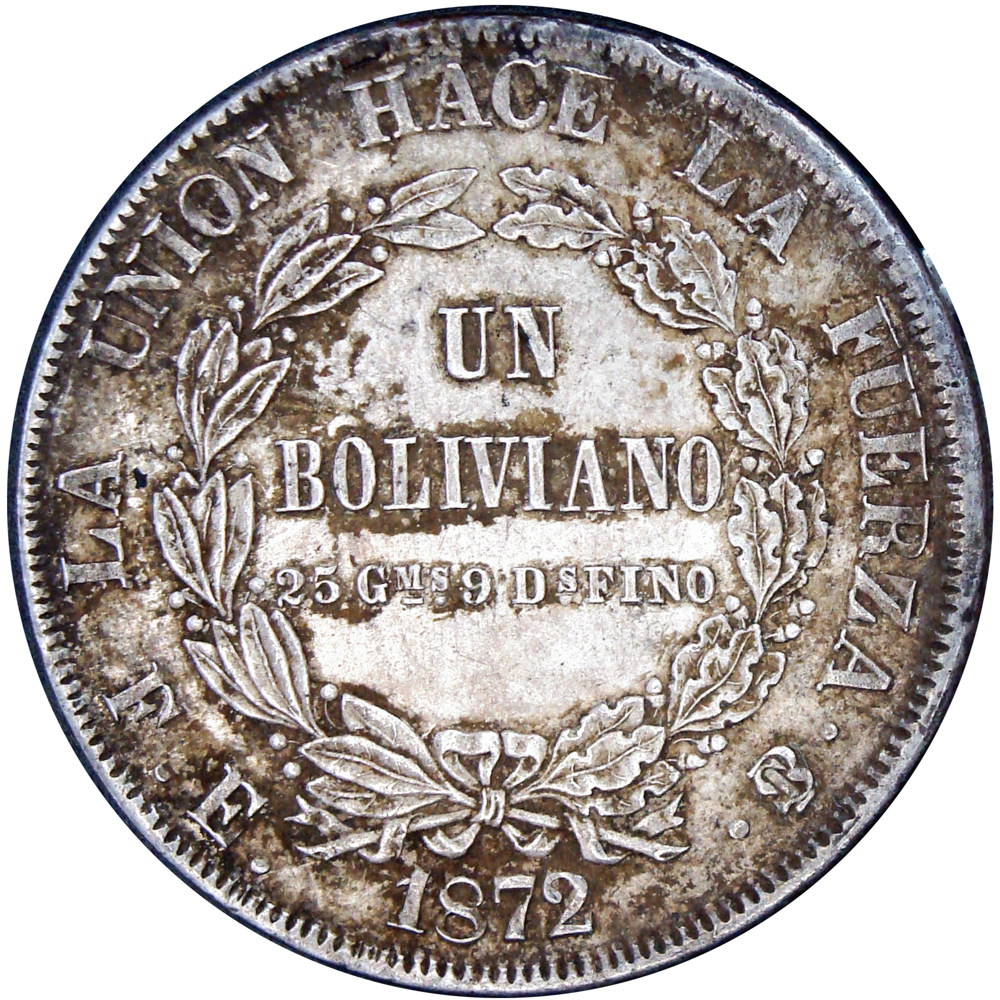 Moneda de Plata Bolivia Un Boliviano 1872 - Numisfila