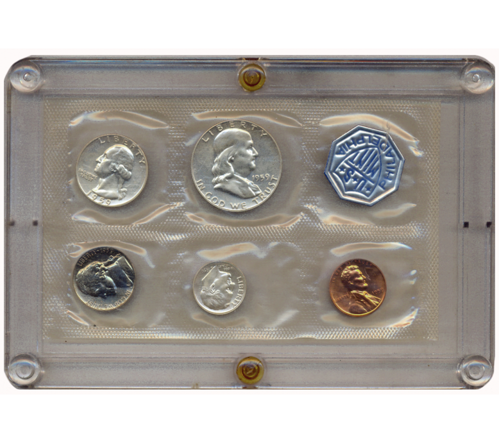Estuche 5 Monedas EE.UU. 1959 y Ficha Set  One Cent, 5 Cents, One Dime, Quarter Dollar y Half Dollar Plata  - Numisfila