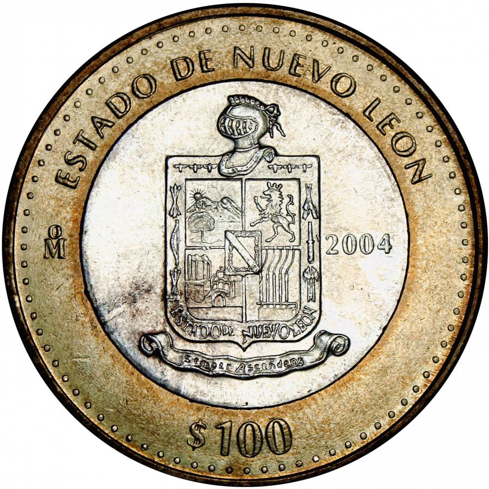 Nuevo León Bimetálica Moneda 100 Pesos Plata Mexico 2004 Centro Plata Ley 925 - Anillo Aluminio & Bronce  - Numisfila