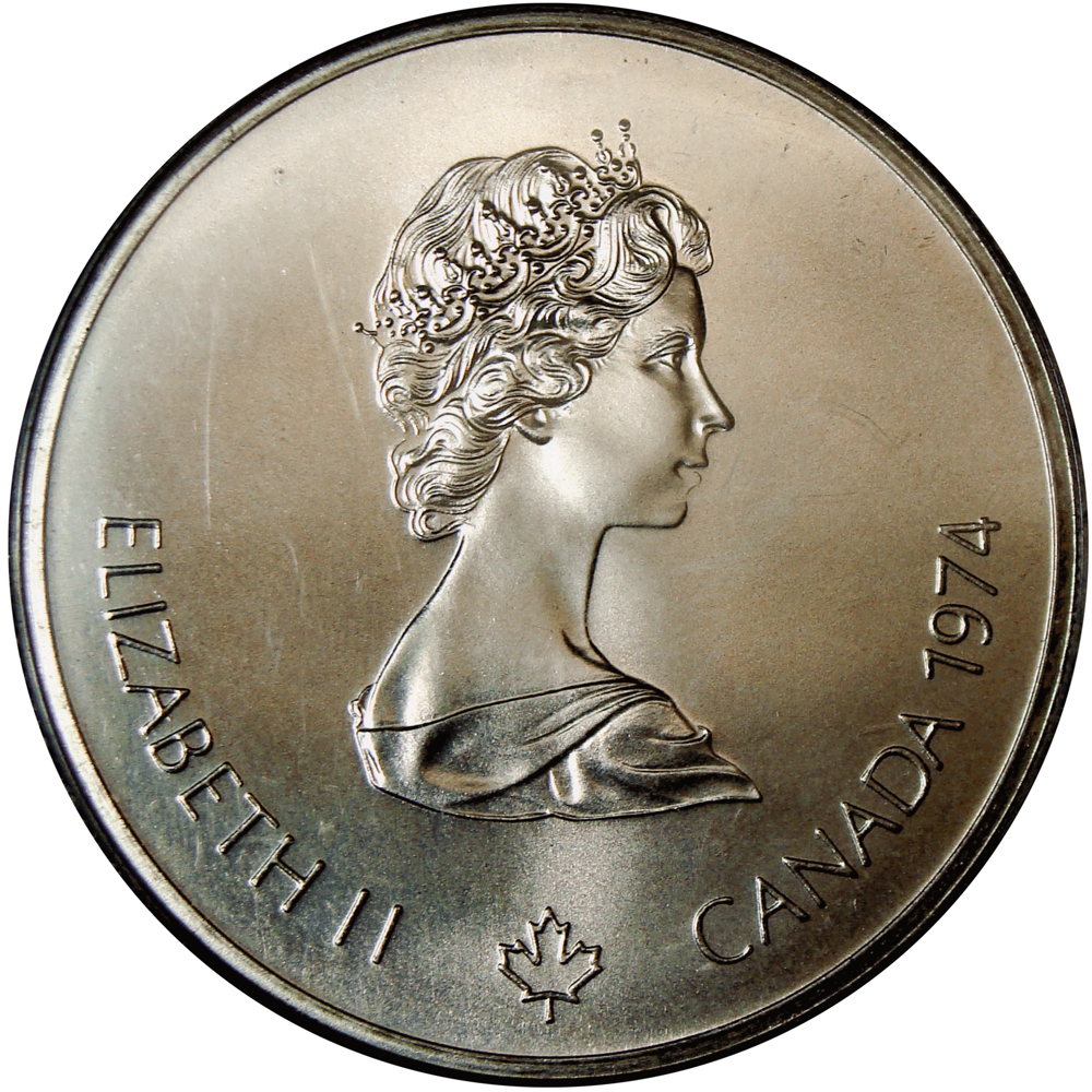 Moneda de Plata Canadá 5 Dolares 1974 Anillos y Corona Olímpicos Juegos Montreal 1976   - Numisfila