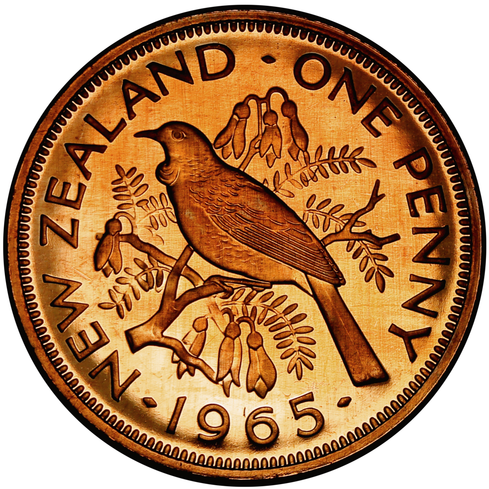 Moneda Nueva Zelanda 1 Penny 1965  Pájaro Tui  - Numisfila
