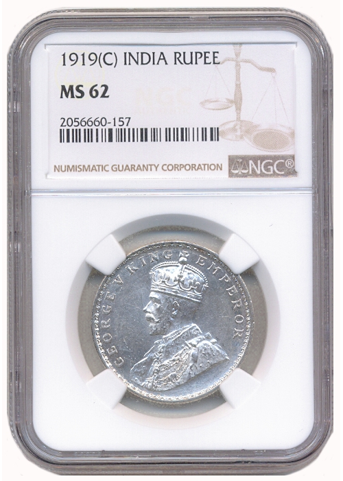 Moneda de Plata India One Ruppe 1919 C NGC MS 62 George V - Numisfila