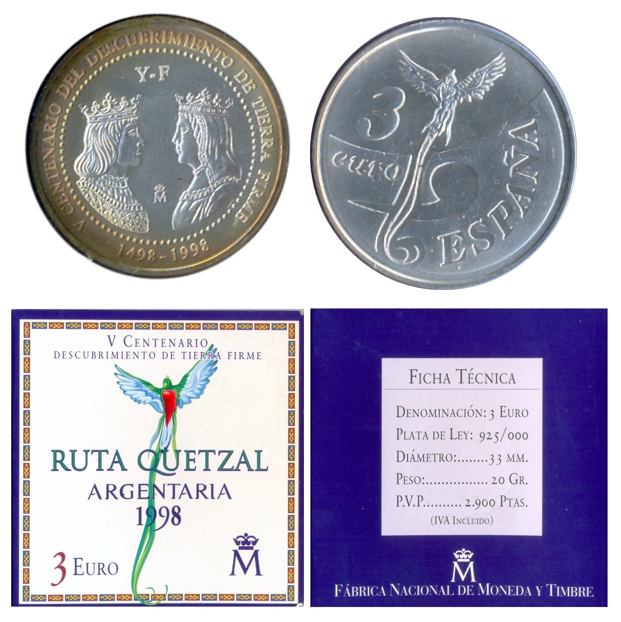 España Argentina Ecu 3 Euro 1998 Tierra Firme Venezuela Descubrimiento de América Continental - Numisfila