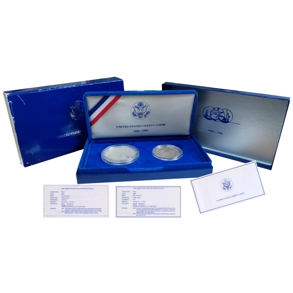 Estuche EE. UU. 2 Monedas Proof 1 y ½ Dollar Libertad 1986 - Numisfila