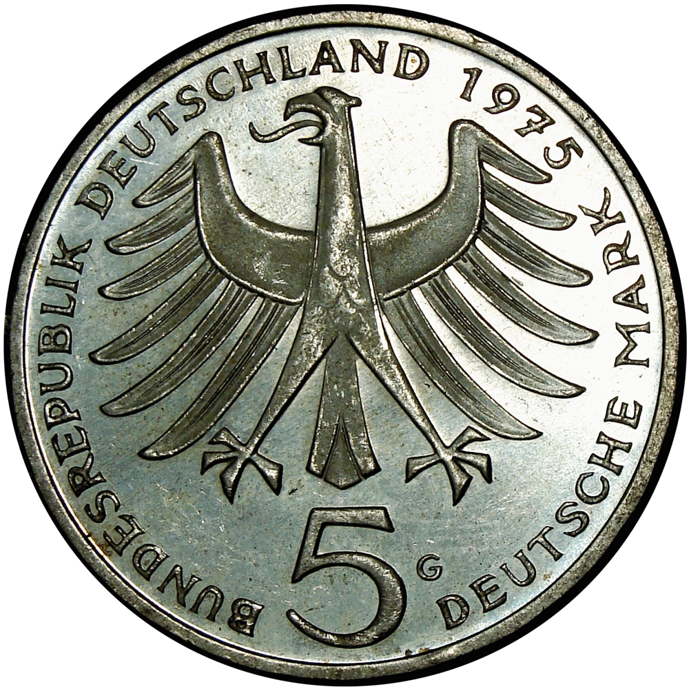 Alemania Moneda de Plata 5 Deutsche Mark 1975 G Albert Schweitzer  - Numisfila