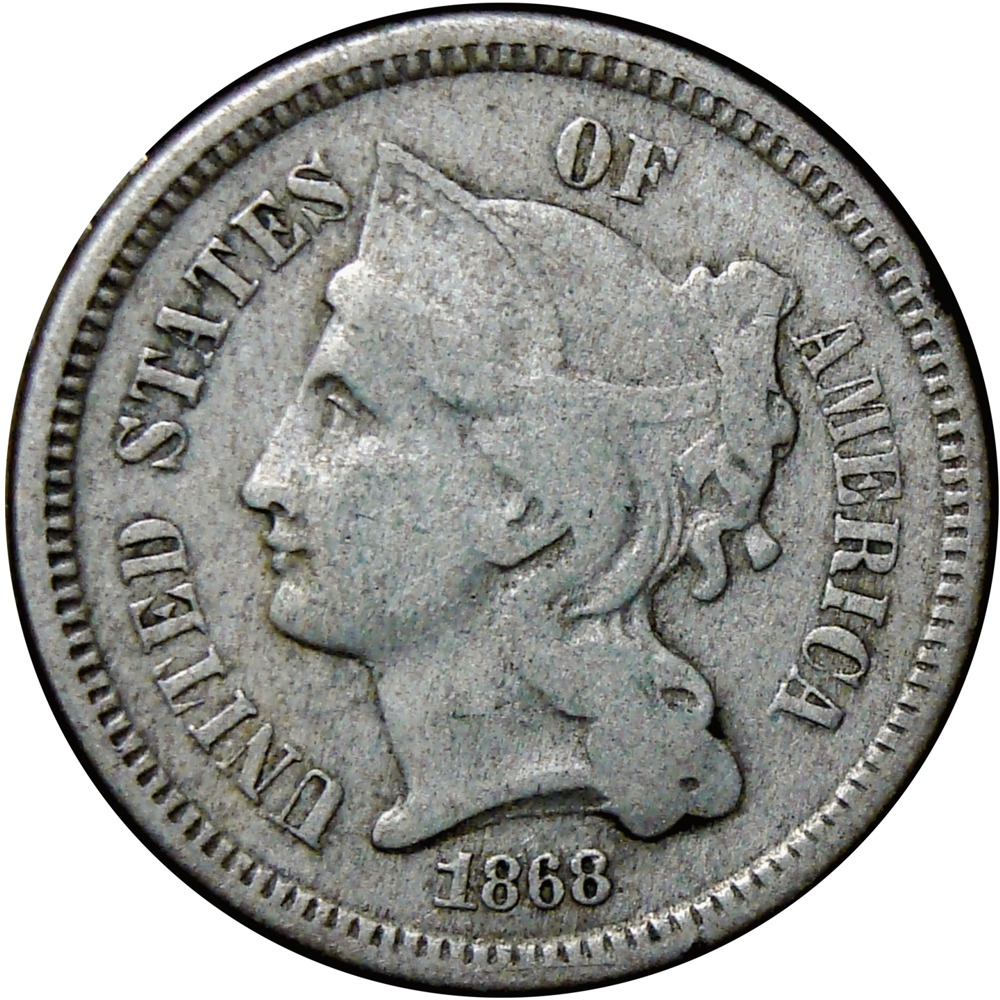 EE. UU. Moneda de Cuproníquel 3 Cents "Three Cent Nickel" 1868 - Numisfila