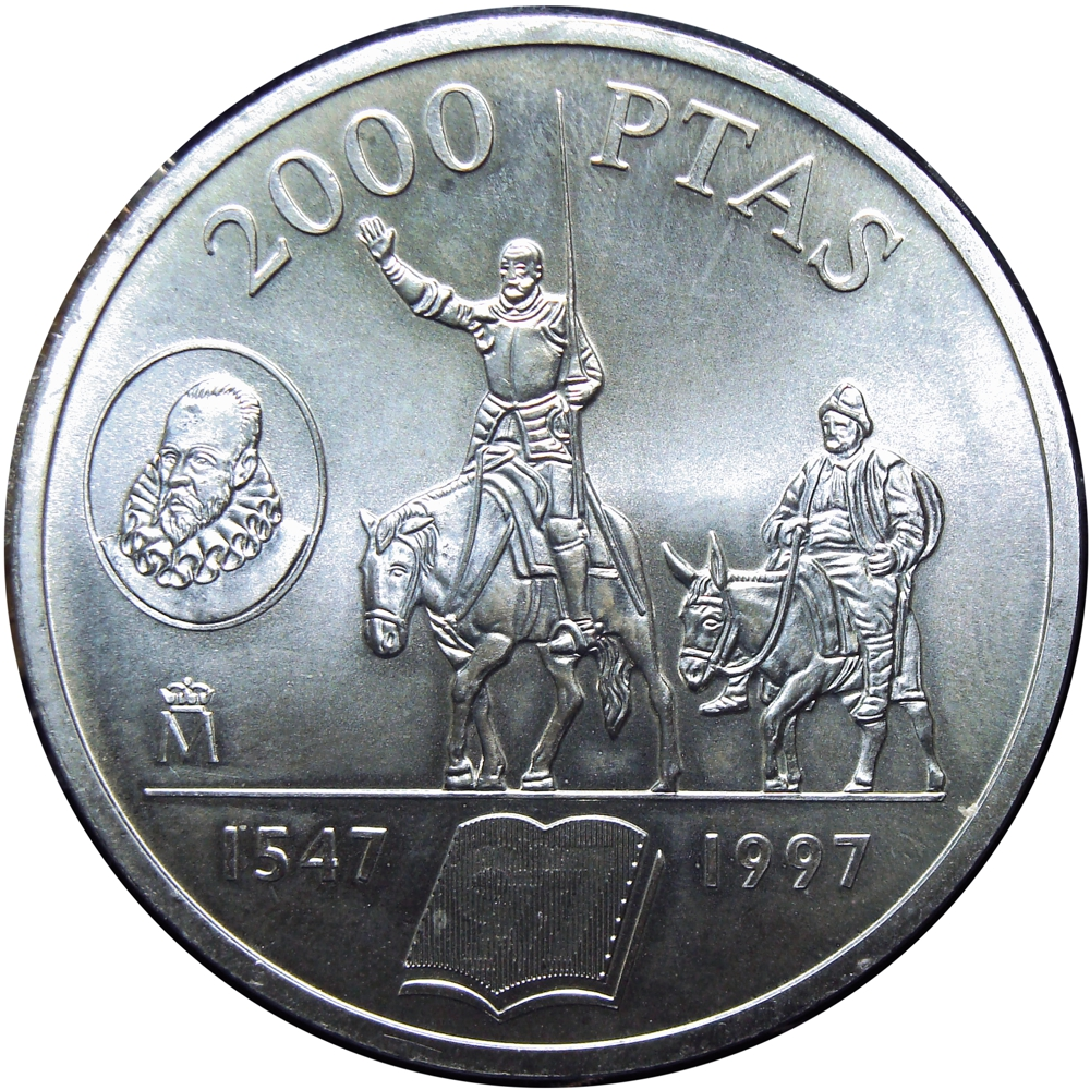 Moneda de Plata España 2000 Pesetas 1997 Don Quijote y Sancho Panza Miguel de Cervantes - Numisfila