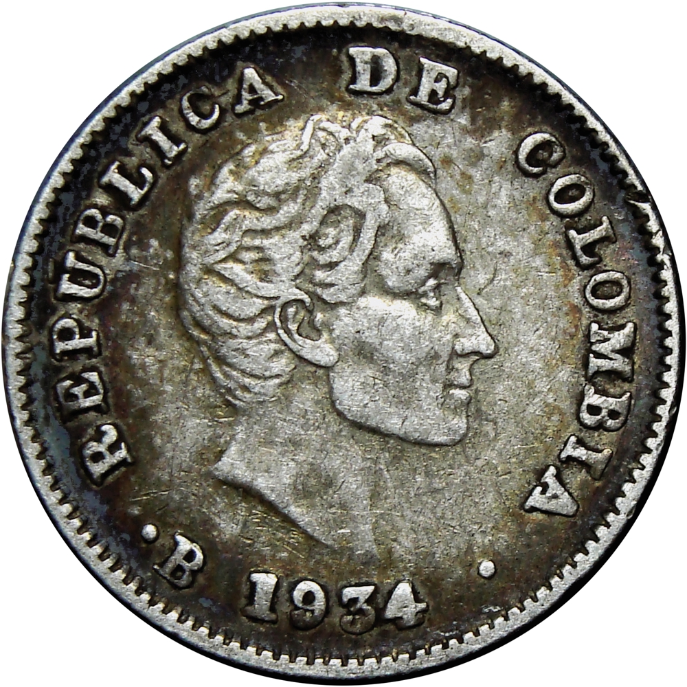 Colombia Moneda de Plata 10 Centavos 1934 B Simón Bolívar - Numisfila