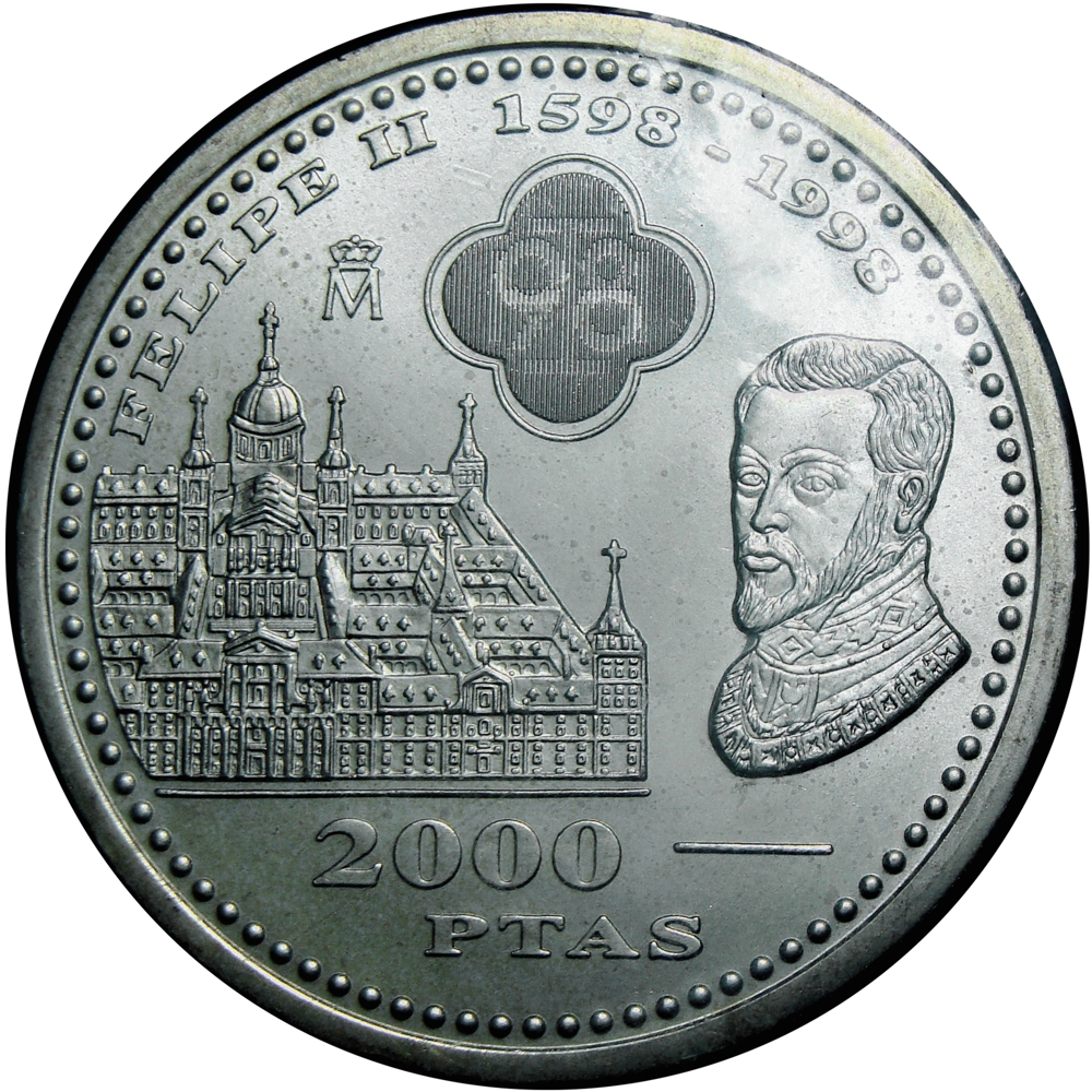 España Moneda de Plata 2000 Pesetas 1998 El Escorial y Felipe II - Numisfila