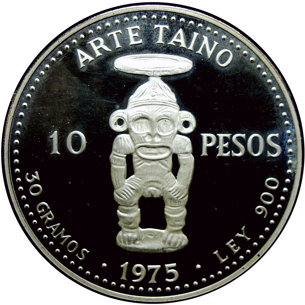 República Dominicana Moneda de Plata 10 Pesos 1975 Arte Taino Pueblo Minero - Numisfila