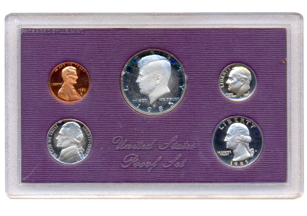 Estuche 5 Monedas EE.UU. 1985 Proof Set  One Cent, 5 Cents, One Dime, Quater Dollar y Half Dollar - Numisfila