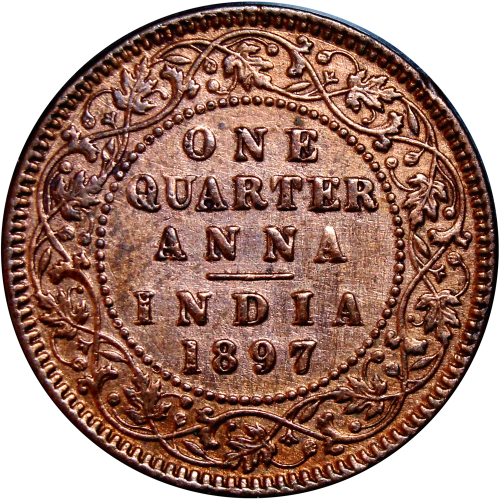 Moneda India Británica ¼ Anna 1897 - Reina Victoria Primera Soberana en Ostentar el Título de Emperatriz de la India - Numisfila