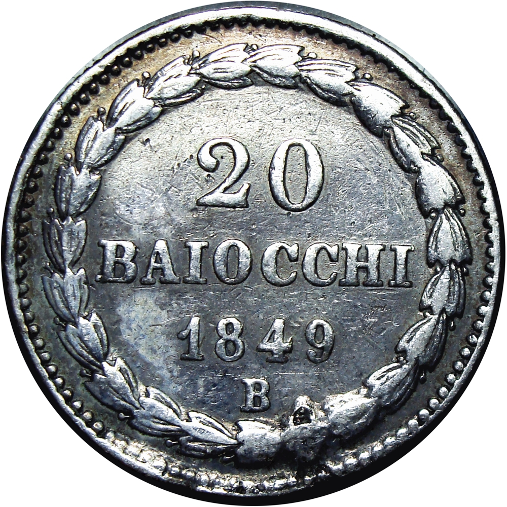 Moneda de Plata Estados Pontificios (Vaticano) 20 Baiocchi 1849 - Papa Pius IX   - Numisfila